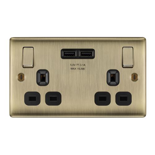 2 Gang Switch Socket with 2 USB Antique Brass