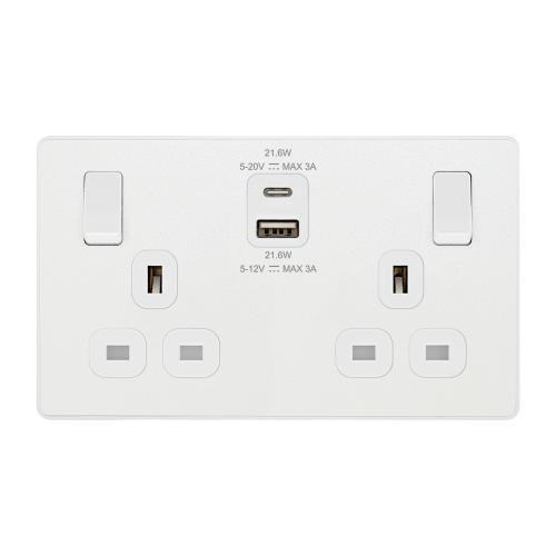 Evolve 2 Gang Socket with USB A and C Pearl White