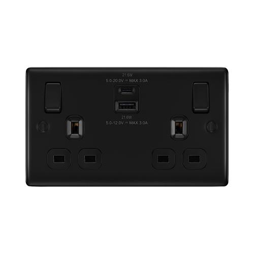 2 Gang Matt Black Socket with USB A and C Charger Output